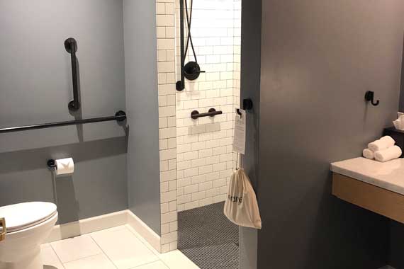 Accessible bathroom with a walk-in shower featuring grab bars, a toilet on the left, and a sink on the right; towels and a bag hang near the shower.