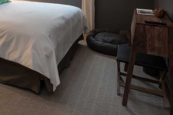 Atticus-Hotel-Micro-Suite-Dog-bed-desk A bedroom corner with a made bed on the left, a black round pet bed on the floor, and a wooden desk with a stool on the right.