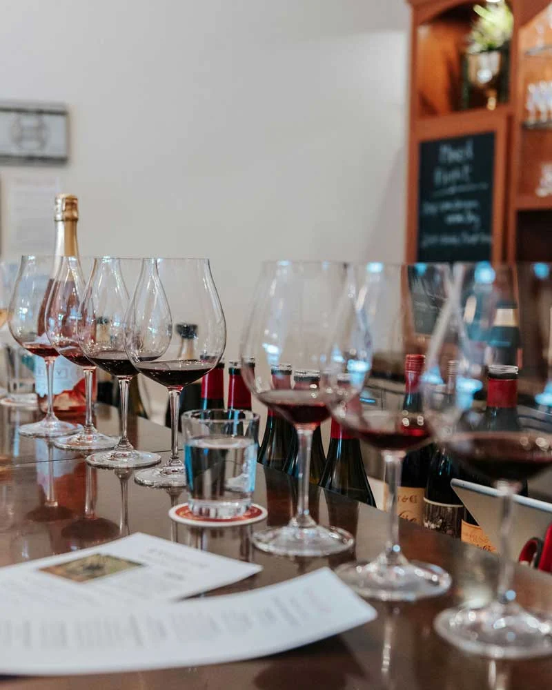 Wine tasting bar with multiple glasses of red wine on a wooden counter and bottles in the background.